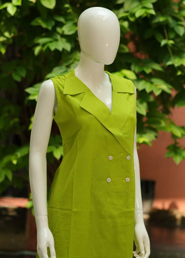Khadi Blazer One Piece – Blouse in Neon green 5XL Sleeveless, side view | Tilattama