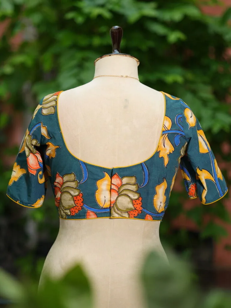 Sweetheart Pen Kalamkari – Blouse in Rama green, back view | Tilattama