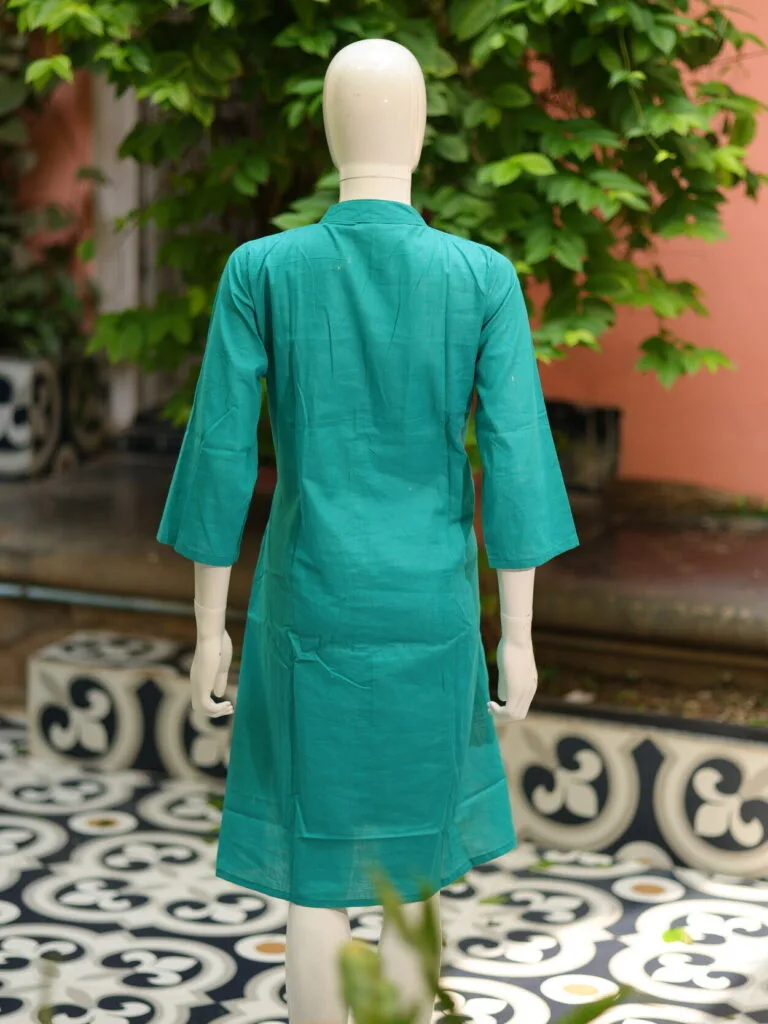 Solid Cotton Linen – Kurti in Firoza, back view | Tilattama