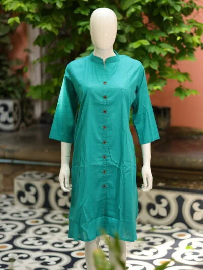Solid Cotton Linen – Kurti in Firoza, front view | Tilattama