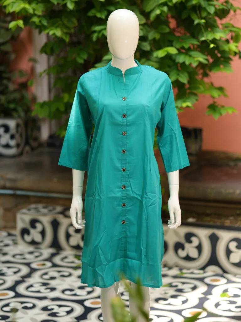 Solid Cotton Linen – Kurti in Firoza, front view | Tilattama