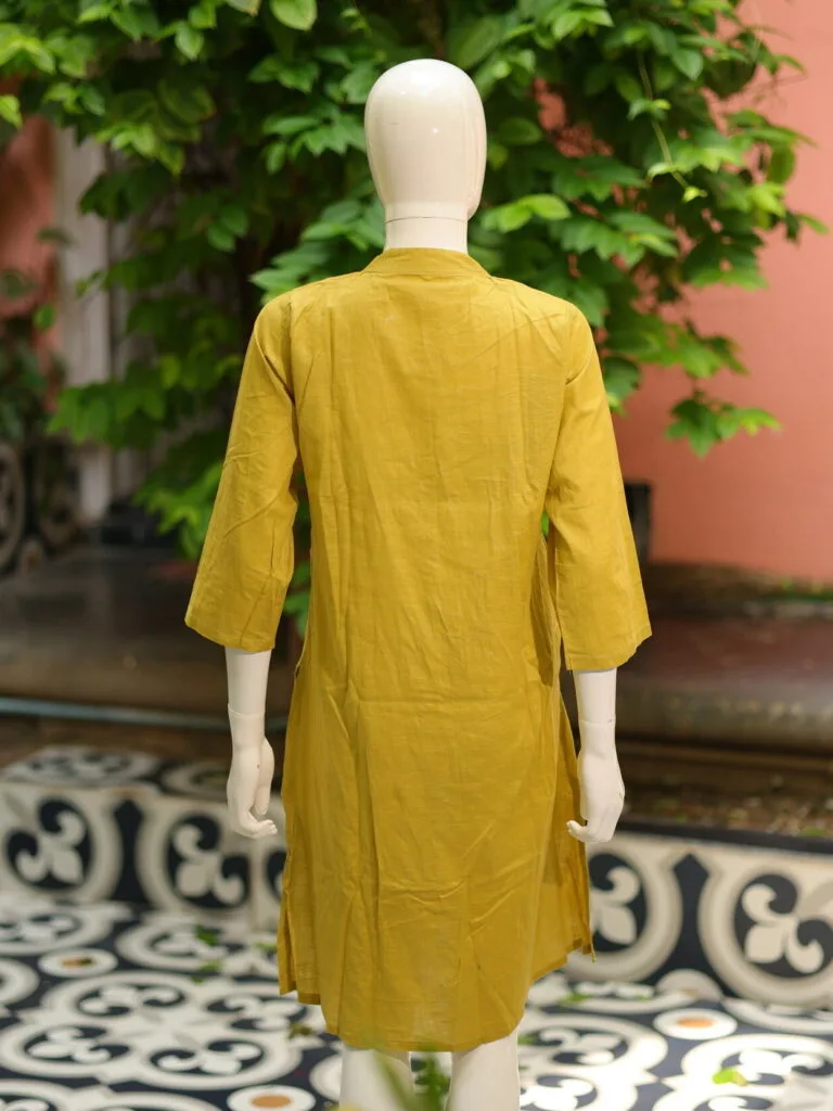Solid Cotton Linen – Kurti in Neon green, back view | Tilattama