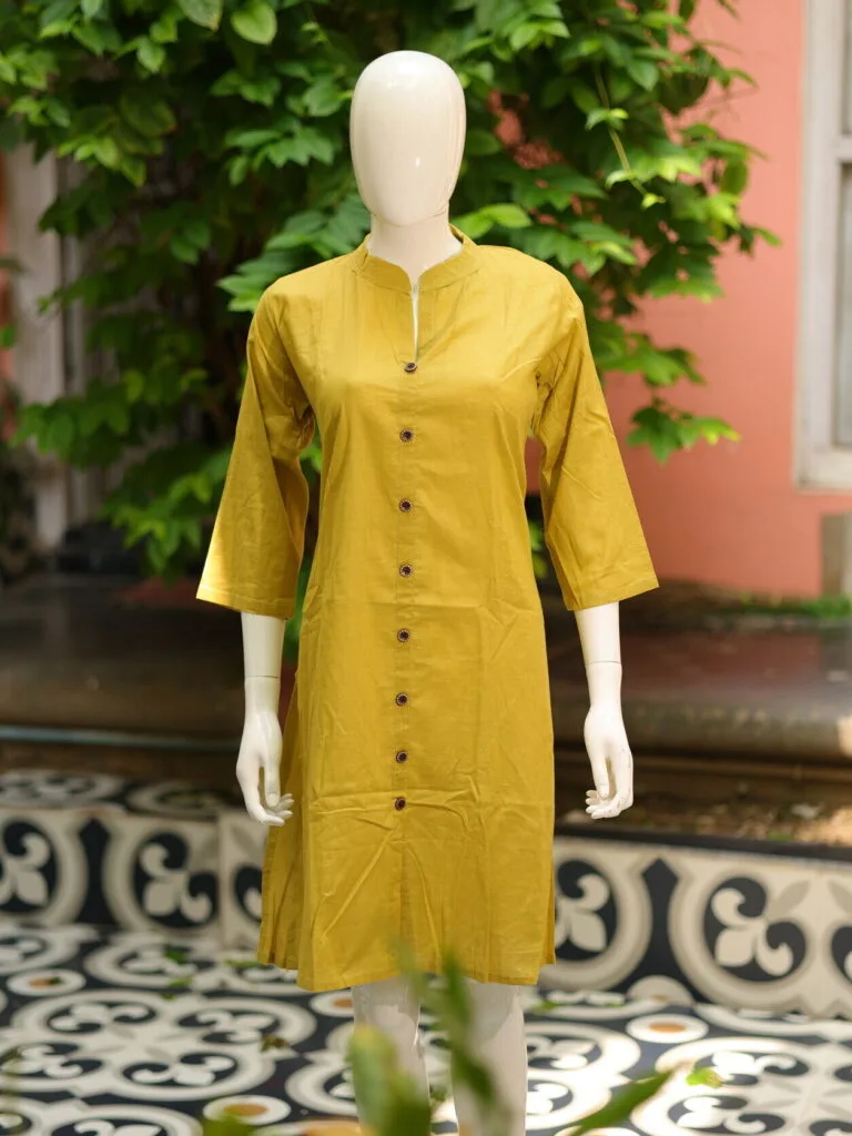 Solid Cotton Linen – Kurti in Neon green, front view | Tilattama