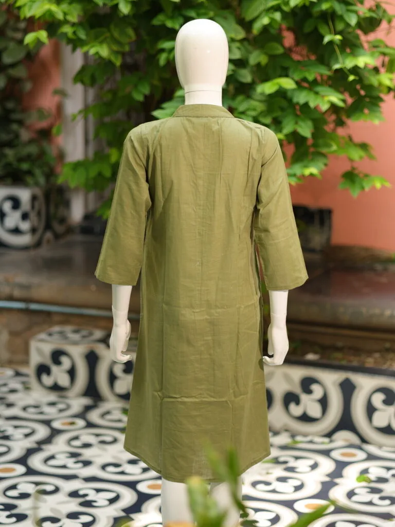 Solid Cotton Linen – Kurti in Olive green, back view | Tilattama