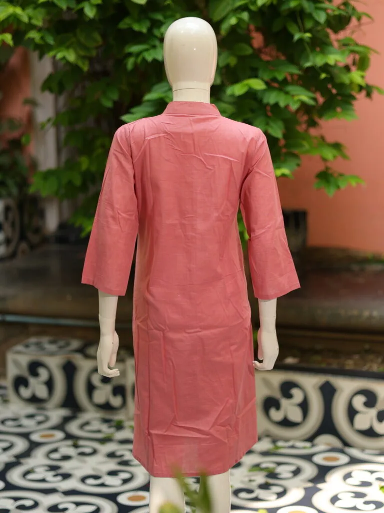 Solid Cotton Linen – Kurti in Peach, back view | Tilattama
