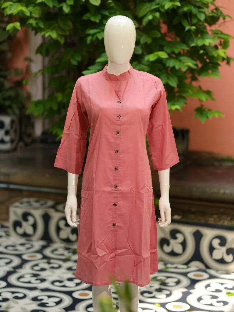 Solid Cotton Linen – Kurti in Peach, front view | Tilattama