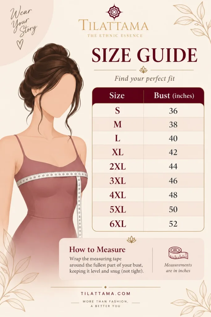 Tilattama size guide: bust measurement in inches for sizes S to 6XL