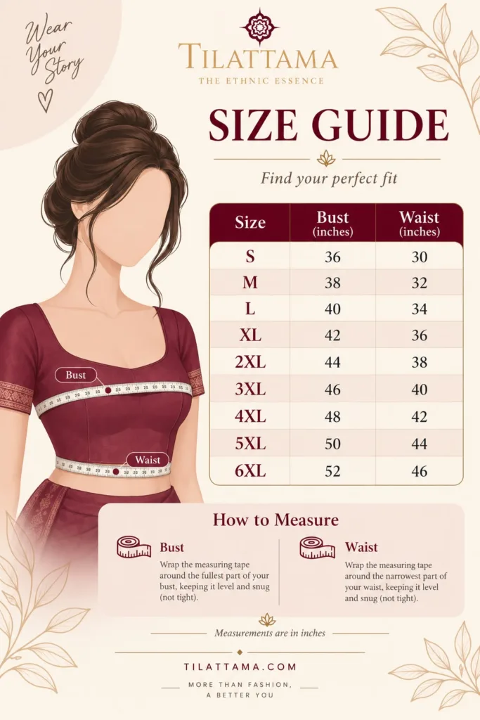 Tilattama blouse size guide: bust and waist in inches for sizes S to 6XL